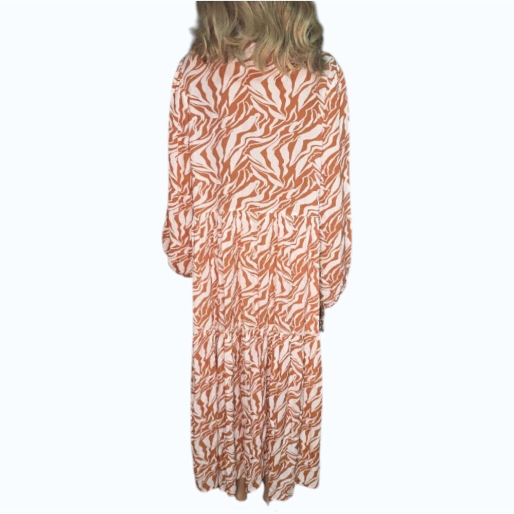 FRESHA London Daphine Maxi Dress Orange White Zebra Tiered Boho L/S V-Neck SZ: M - Picture 4 of 9